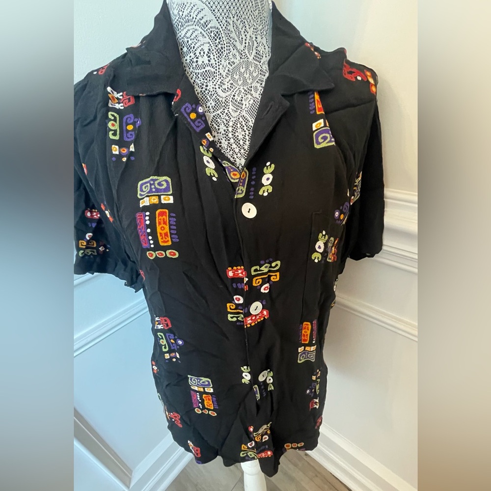 Chico’s Design Vintage Black Collar Print Button Blouse Size M Womens